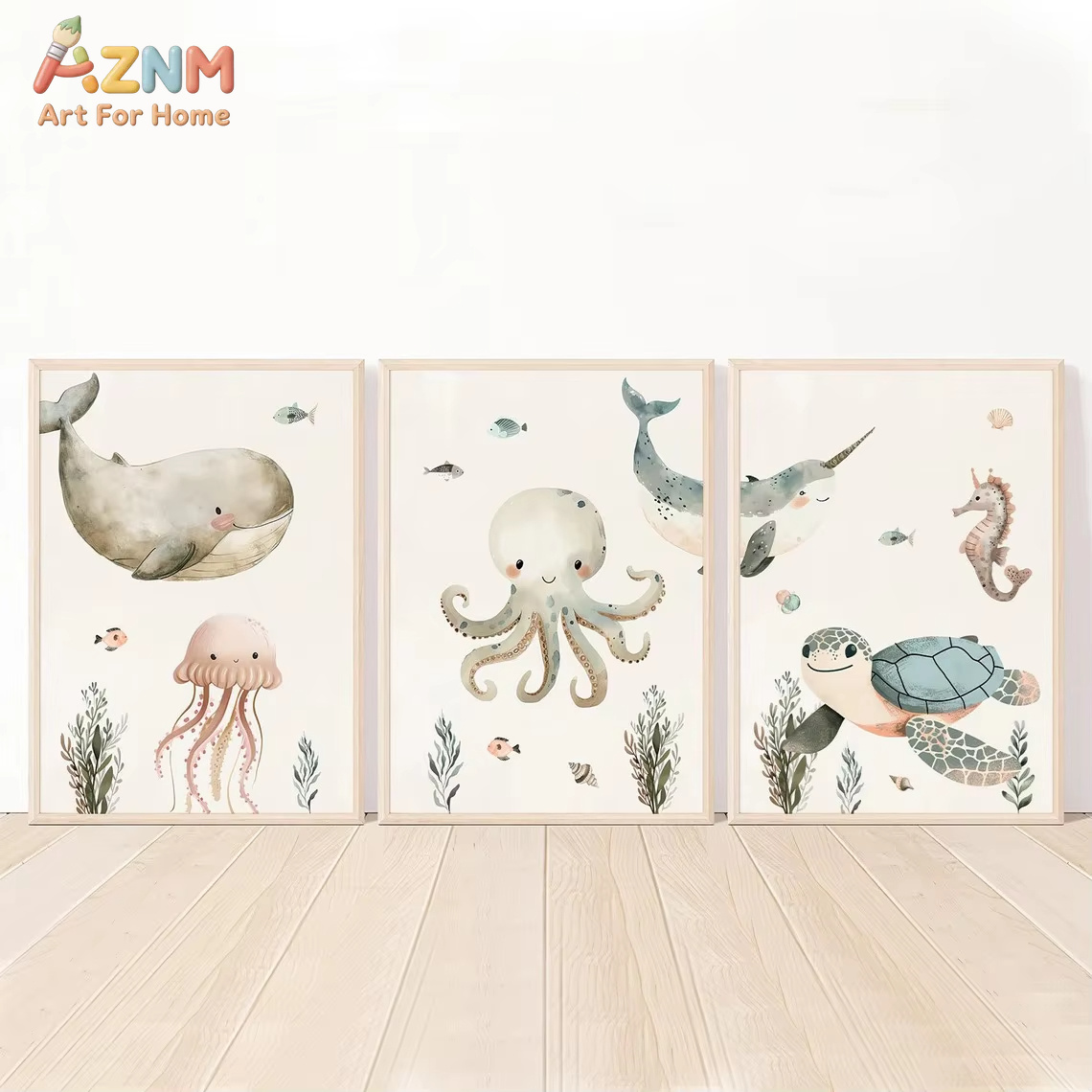 Baby Nursery Animal Prints - AZNM Lukisan Kanvas Hewan Laut Lucu