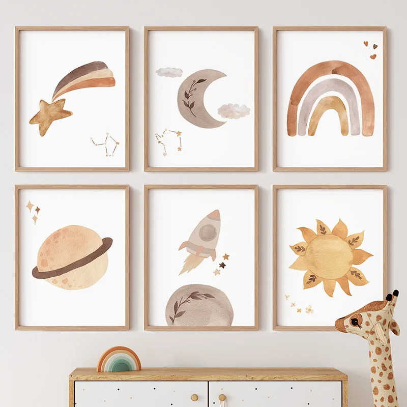 Baby Nursery Murals - Poster Planet Roket Bulan Matahari Pelangi