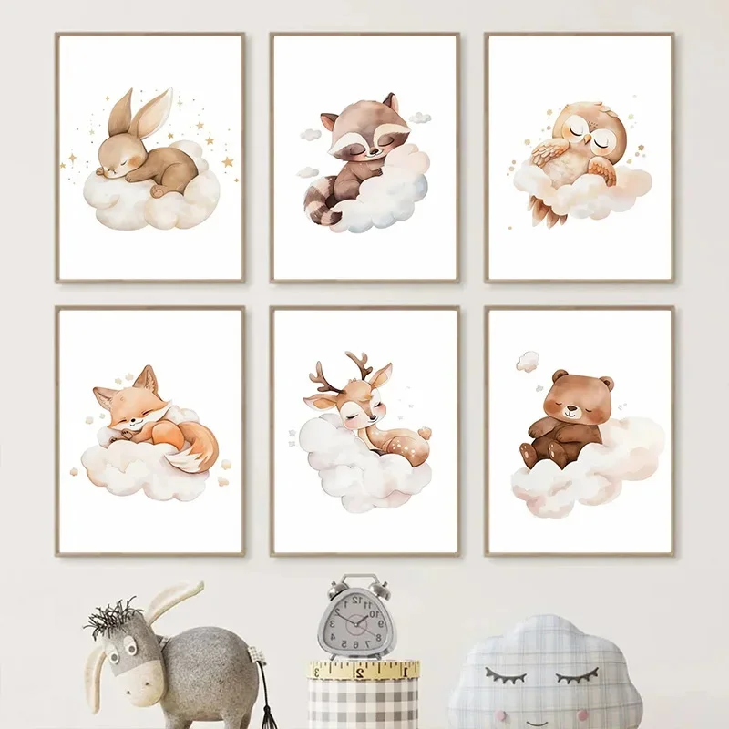 Baby Nursery Murals - Lukisan Kanvas Hewan Awan Kartun Seni