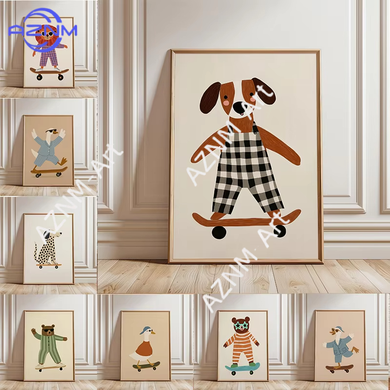 Baby Nursery Animal Prints - 1 Buah Poster Skateboard Hewan Lucu
