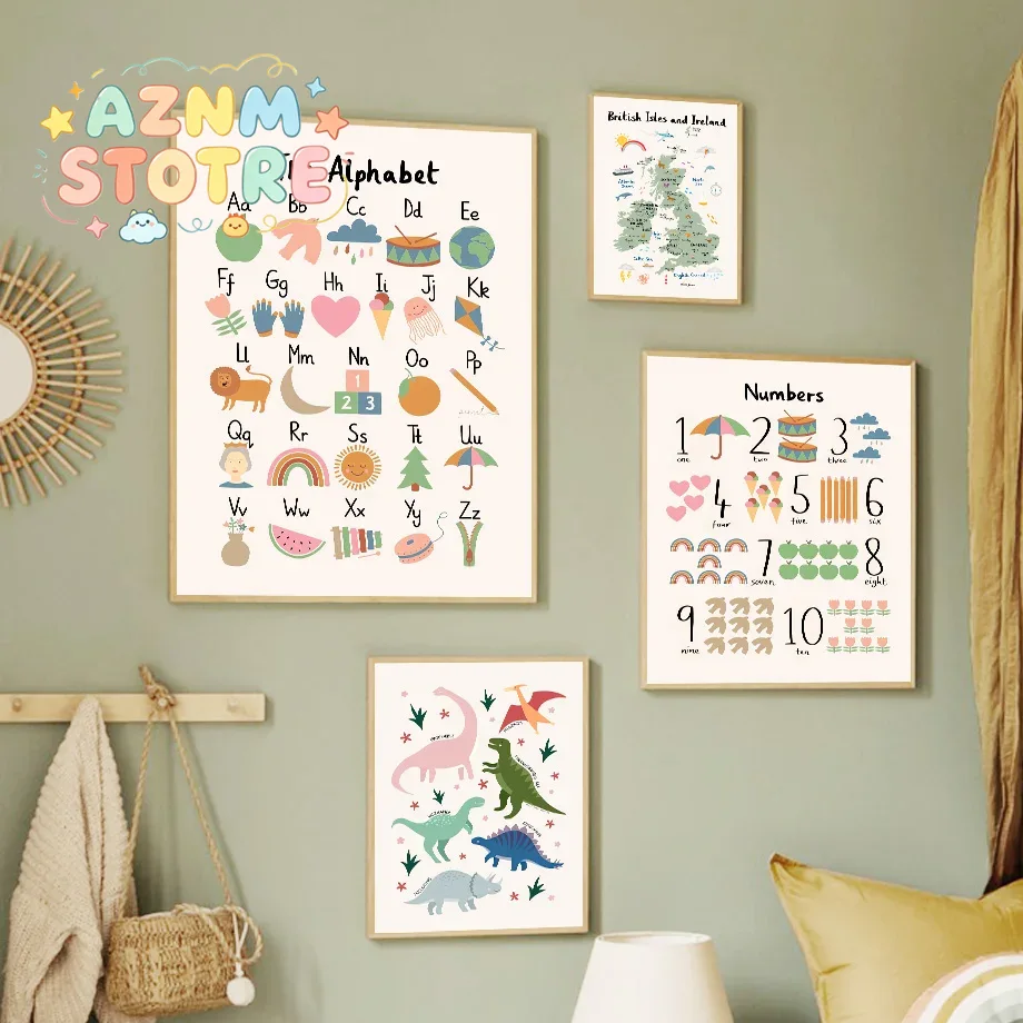 Baby Nursery Animal Prints - Peta Dunia Hewan, Alfabet Dinosaurus, Angka,