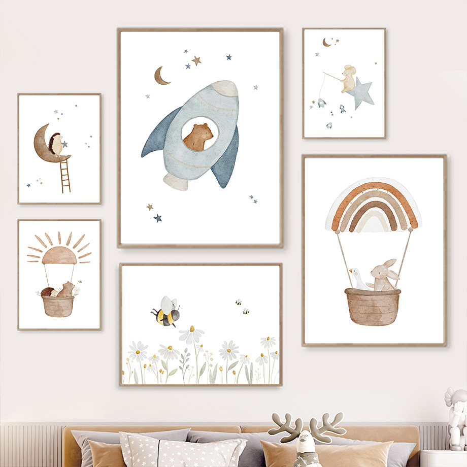 Baby Nursery Murals - Lukisan kanvas poster beruang landak kelinci