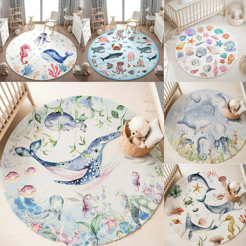 Baby Nursery Animal Prints - Karpet Bulat Motif Hewan Laut Biru