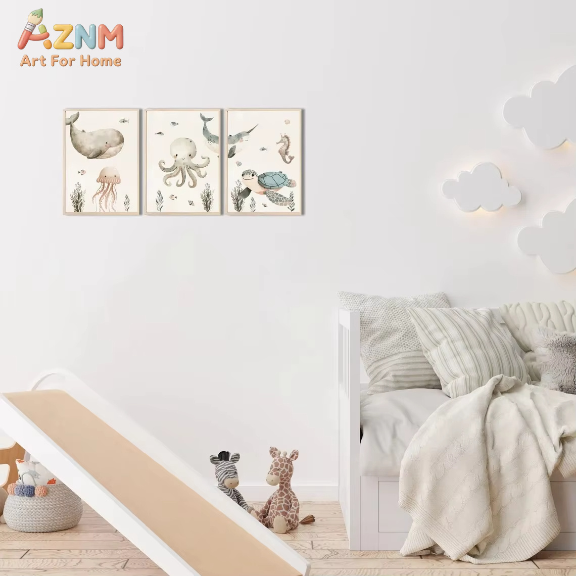 AZNM Lukisan Kanvas Hewan Laut - Baby Nursery Animal Prints ulasan dan harga
